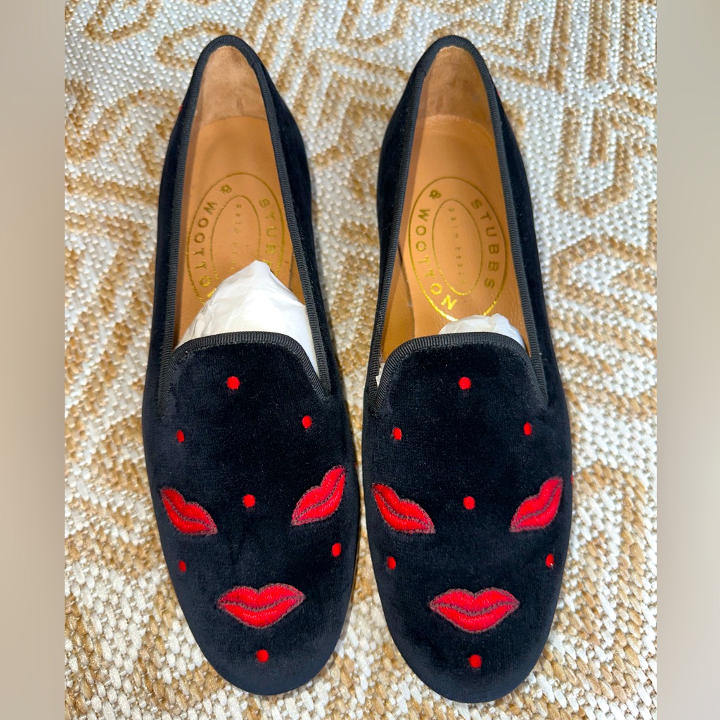 Stubbs And Wootton Lipstick Print Velvet Slipper, Size 7.5